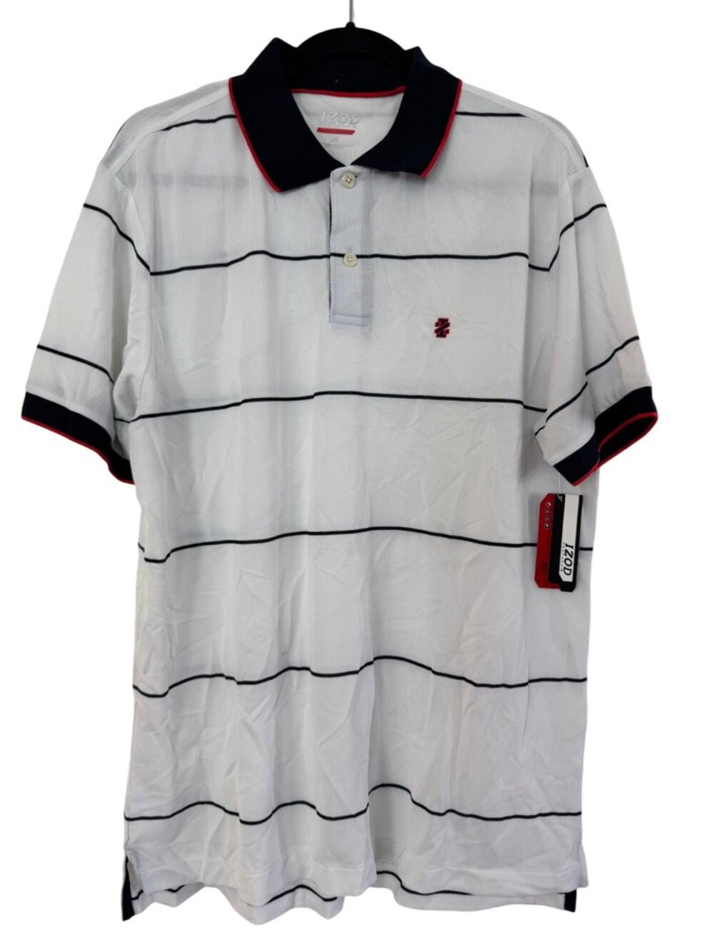 Vintage Y2K Izod Mens White Polo Shirt W/ Black Stripes & Red Trim Short Sleeve